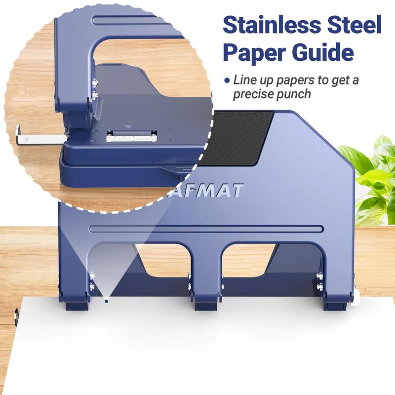 AFMAT 3 Hole Punch, 9/32" Holes, 40-Sheet 3 Hole Puncher for Binder, 50% Reduced Effort, Metal Heavy Duty Three Hole Punch w/ 10,000+ Uses, Bulit-in S.S. Paper Guide, Large Chip Tray, Blue, HPX3 - Image 5